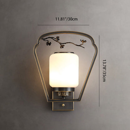 Traditional Chinese Brass Glass Fan-Shaped Elliptical 1-Light Wall Sconce Lamp For Living Room