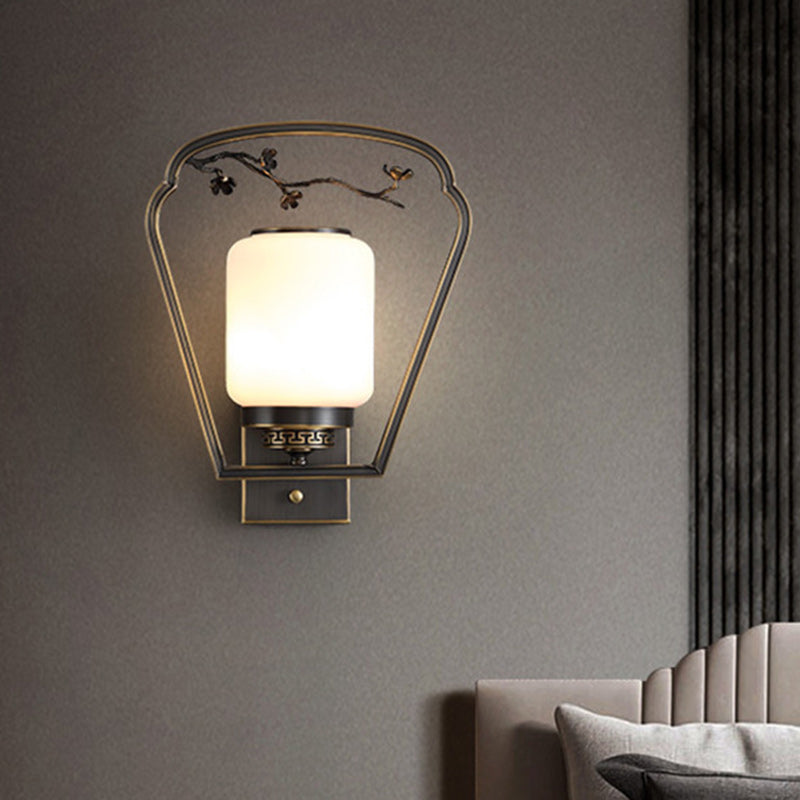Traditional Chinese Brass Glass Fan-Shaped Elliptical 1-Light Wall Sconce Lamp For Living Room