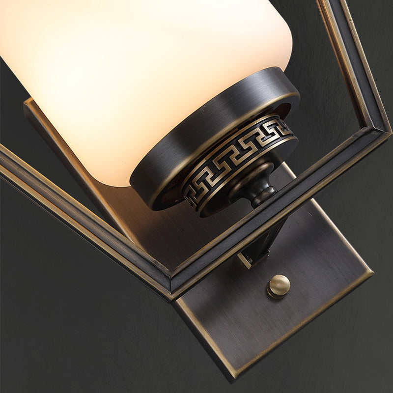 Traditional Chinese Brass Glass Fan-Shaped Elliptical 1-Light Wall Sconce Lamp For Living Room