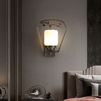 Traditional Chinese Brass Glass Fan-Shaped Elliptical 1-Light Wall Sconce Lamp For Living Room