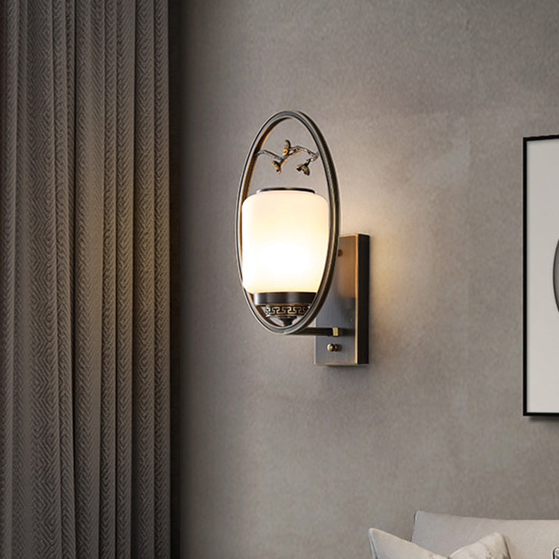 Traditional Chinese Brass Glass Fan-Shaped Elliptical 1-Light Wall Sconce Lamp For Living Room