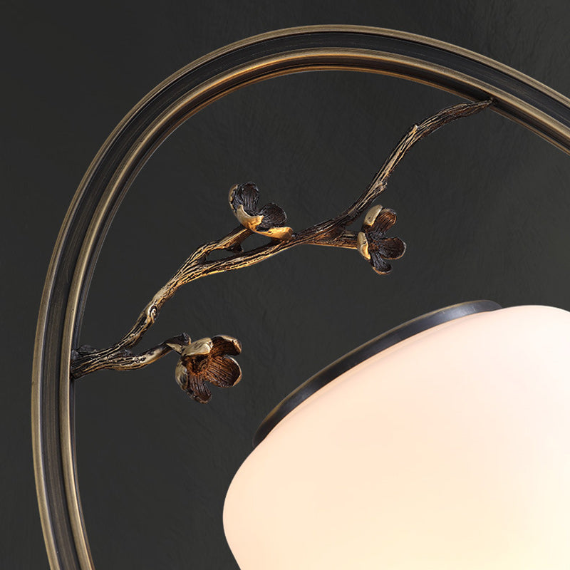 Traditional Chinese Brass Glass Fan-Shaped Elliptical 1-Light Wall Sconce Lamp For Living Room