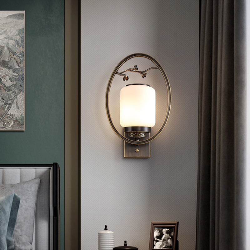 Traditional Chinese Brass Glass Fan-Shaped Elliptical 1-Light Wall Sconce Lamp For Living Room