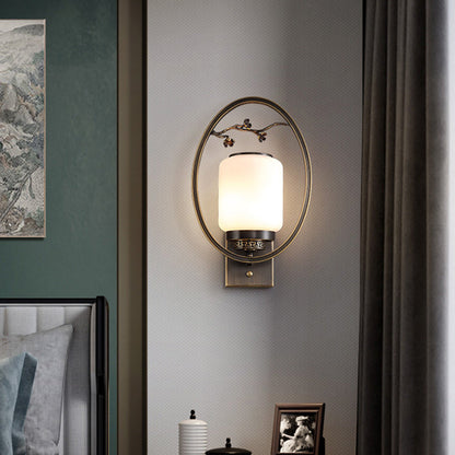 Traditional Chinese Brass Glass Fan-Shaped Elliptical 1-Light Wall Sconce Lamp For Living Room
