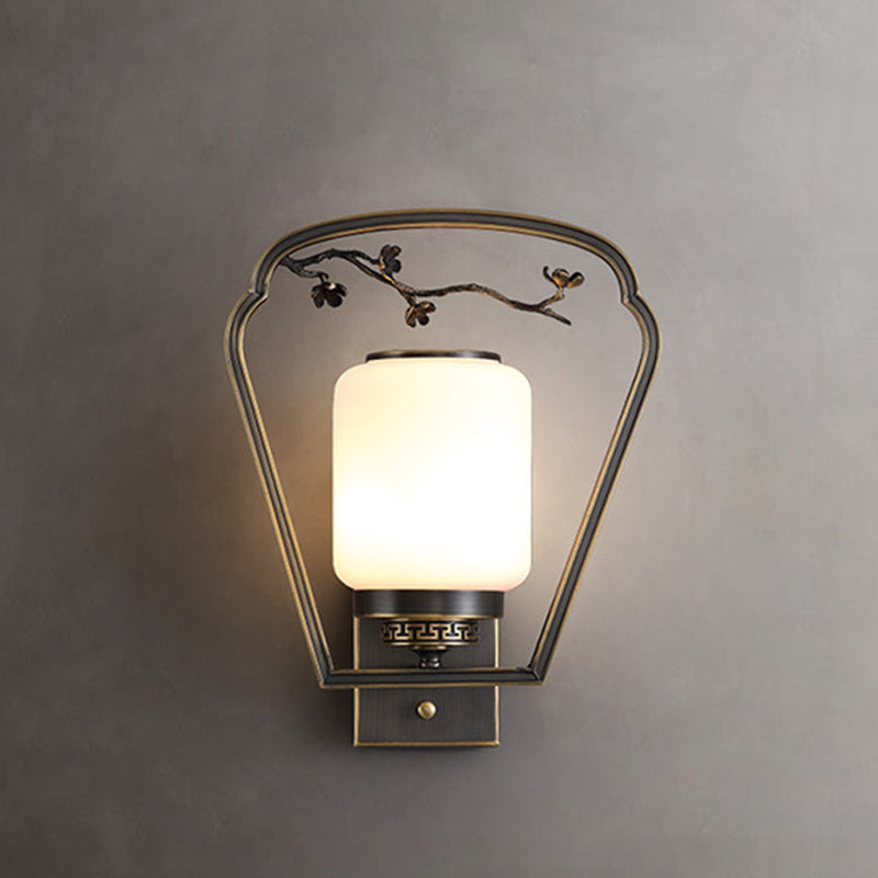 Traditional Chinese Brass Glass Fan-Shaped Elliptical 1-Light Wall Sconce Lamp For Living Room