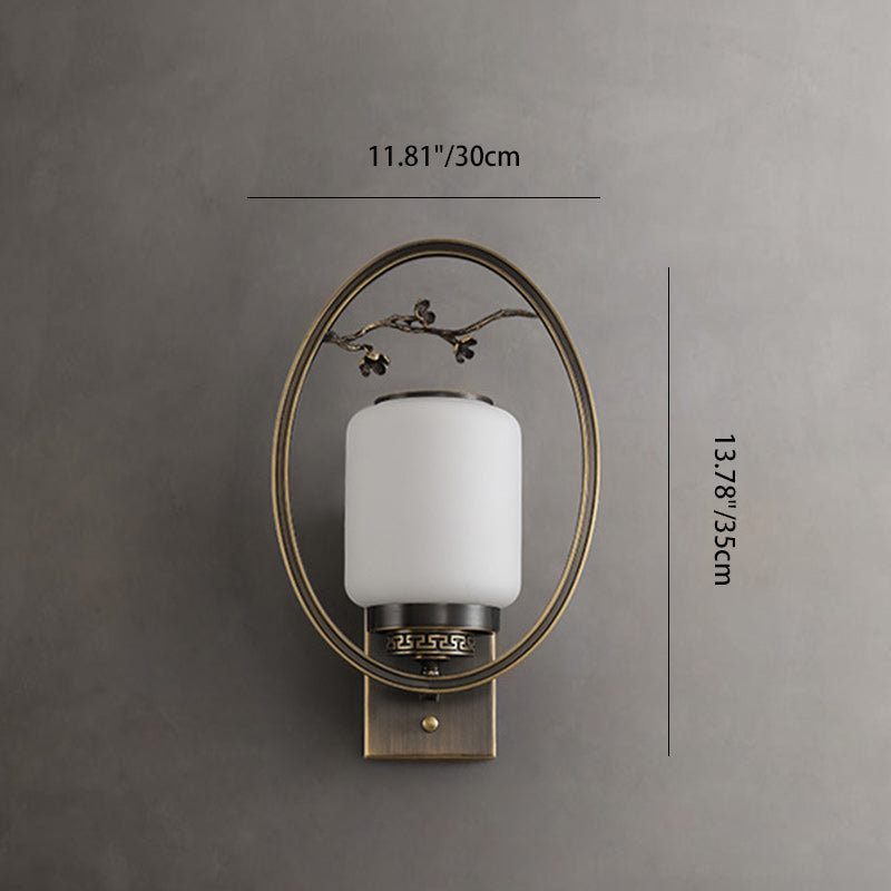 Traditional Chinese Brass Glass Fan-Shaped Elliptical 1-Light Wall Sconce Lamp For Living Room