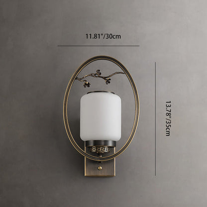 Traditional Chinese Brass Glass Fan-Shaped Elliptical 1-Light Wall Sconce Lamp For Living Room
