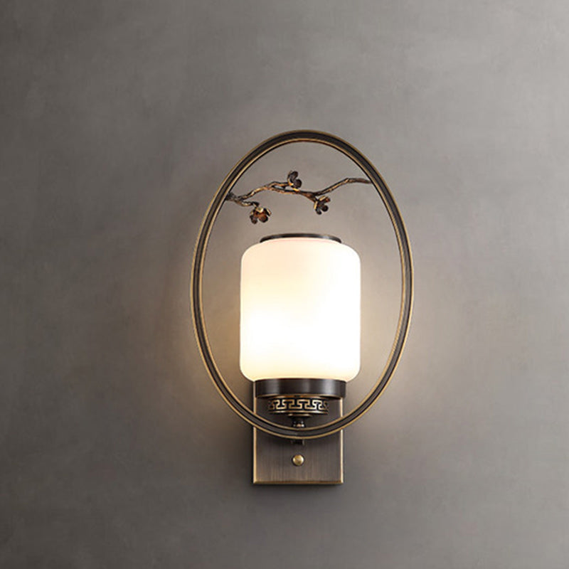 Traditional Chinese Brass Glass Fan-Shaped Elliptical 1-Light Wall Sconce Lamp For Living Room