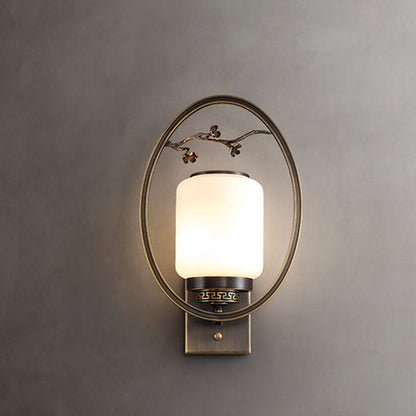 Traditional Chinese Brass Glass Fan-Shaped Elliptical 1-Light Wall Sconce Lamp For Living Room