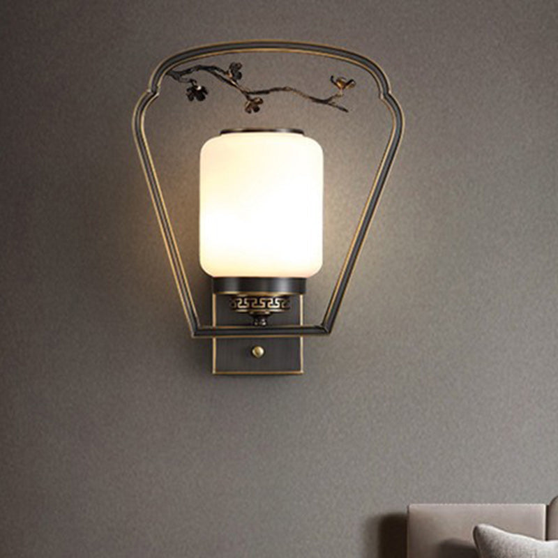 Traditional Chinese Brass Glass Fan-Shaped Elliptical 1-Light Wall Sconce Lamp For Living Room