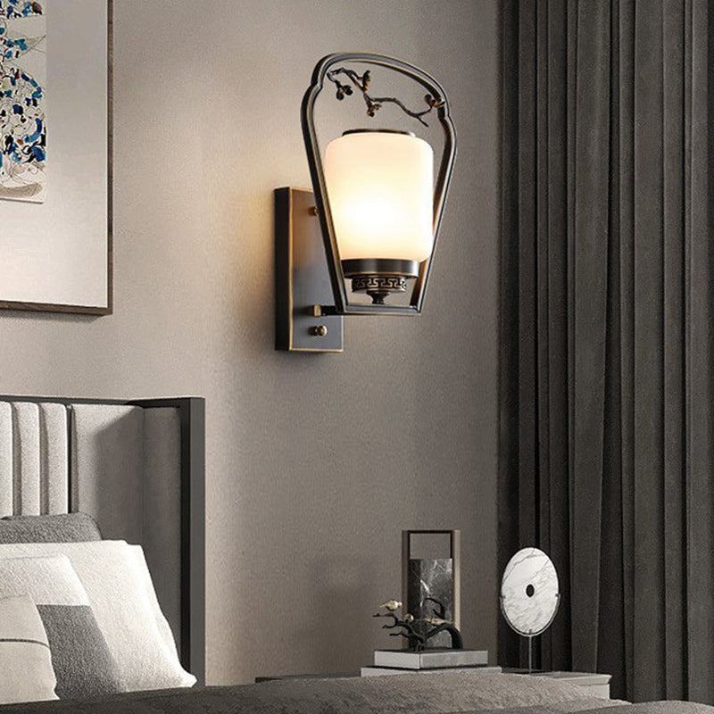 Traditional Chinese Brass Glass Fan-Shaped Elliptical 1-Light Wall Sconce Lamp For Living Room