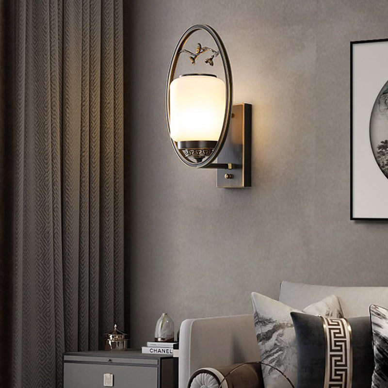 Traditional Chinese Brass Glass Fan-Shaped Elliptical 1-Light Wall Sconce Lamp For Living Room
