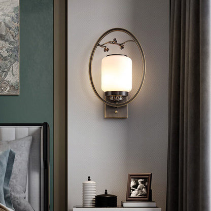 Traditional Chinese Brass Glass Fan-Shaped Elliptical 1-Light Wall Sconce Lamp For Living Room