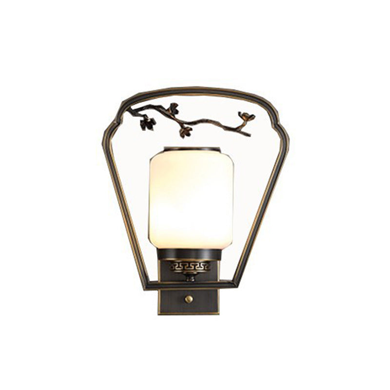 Traditional Chinese Brass Glass Fan-Shaped Elliptical 1-Light Wall Sconce Lamp For Living Room