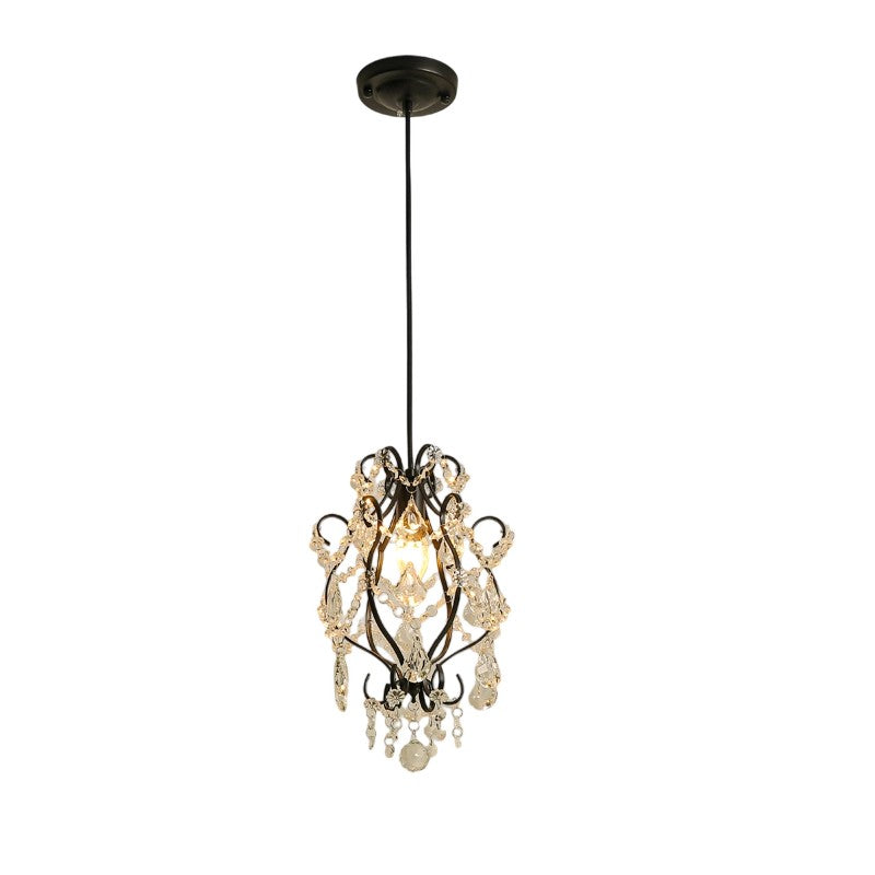 Traditional French Crystal Iron Curved Round 1-Light Pendant Light For Living Room