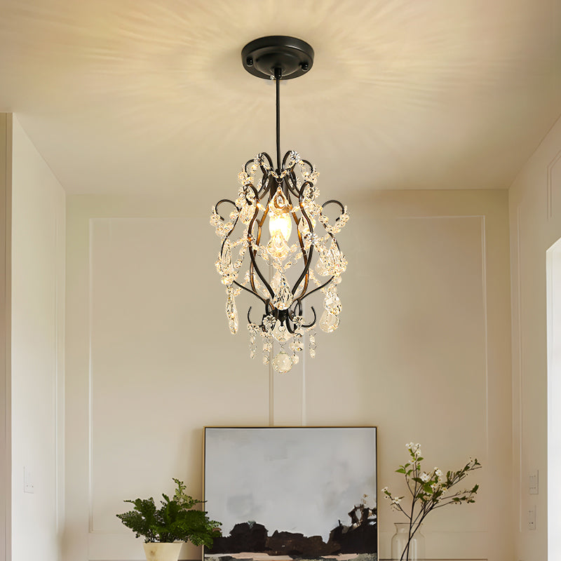 Traditional French Crystal Iron Curved Round 1-Light Pendant Light For Living Room