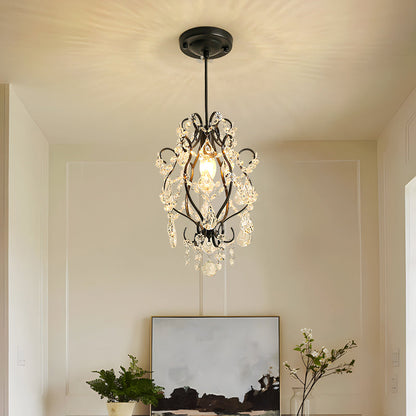 Traditional French Crystal Iron Curved Round 1-Light Pendant Light For Living Room
