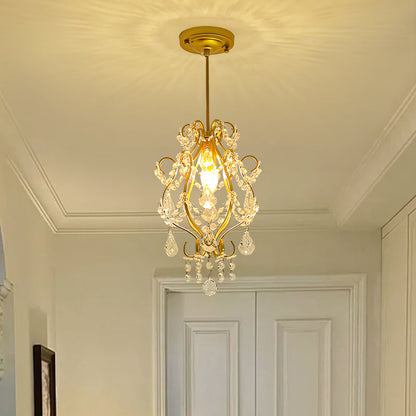 Traditional French Crystal Iron Curved Round 1-Light Pendant Light For Living Room