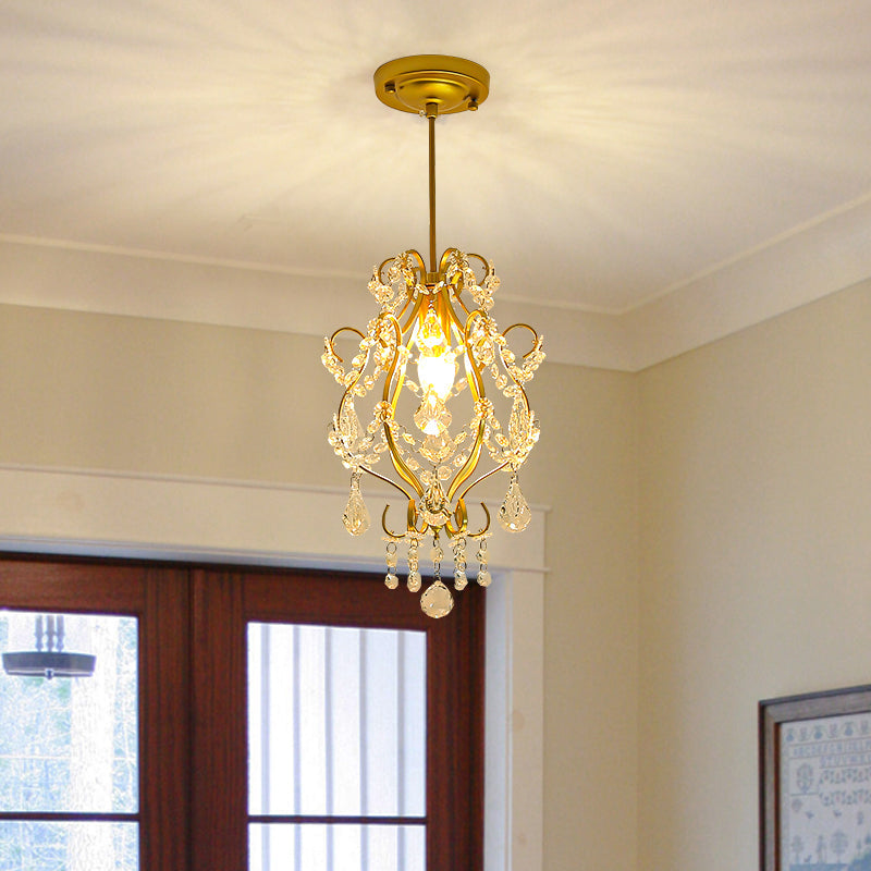 Traditional French Crystal Iron Curved Round 1-Light Pendant Light For Living Room