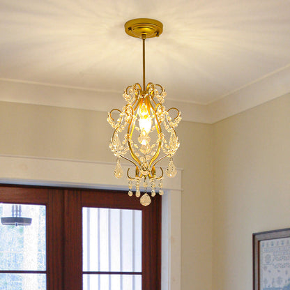 Traditional French Crystal Iron Curved Round 1-Light Pendant Light For Living Room