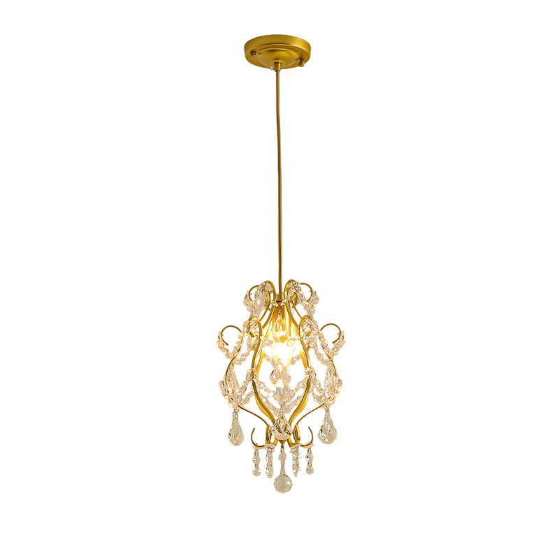 Traditional French Crystal Iron Curved Round 1-Light Pendant Light For Living Room