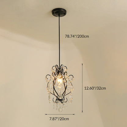 Traditional French Crystal Iron Curved Round 1-Light Pendant Light For Living Room