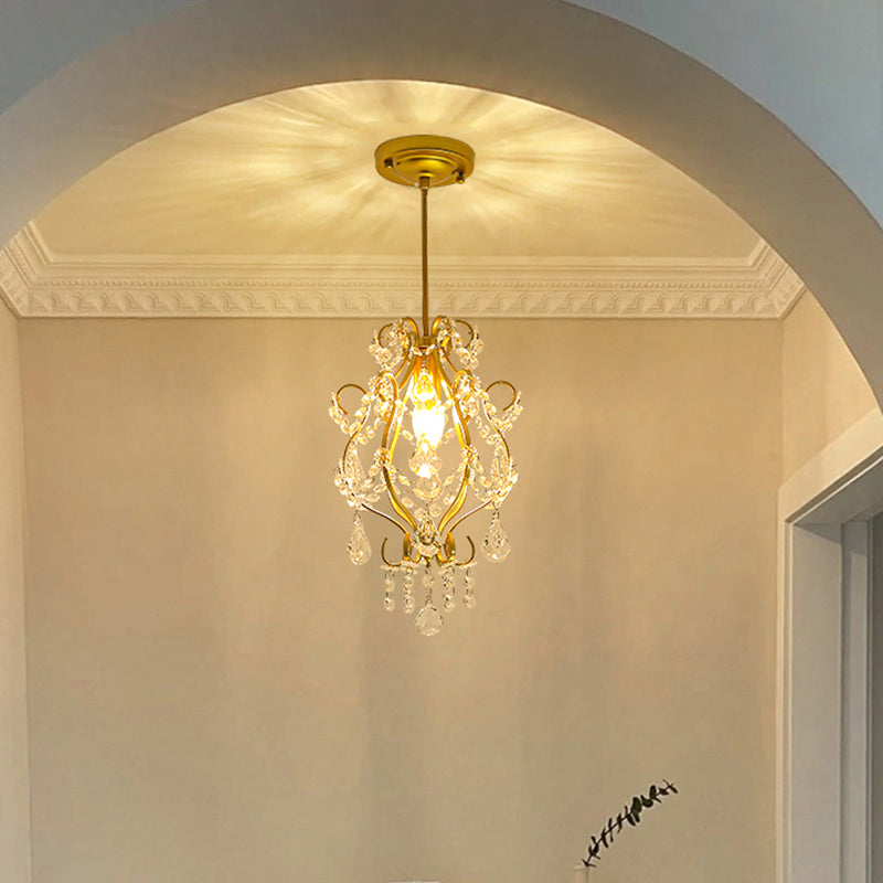 Traditional French Crystal Iron Curved Round 1-Light Pendant Light For Living Room