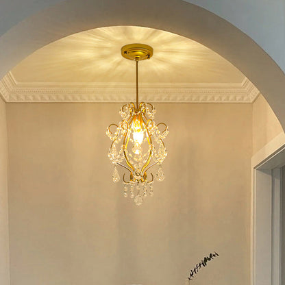 Traditional French Crystal Iron Curved Round 1-Light Pendant Light For Living Room