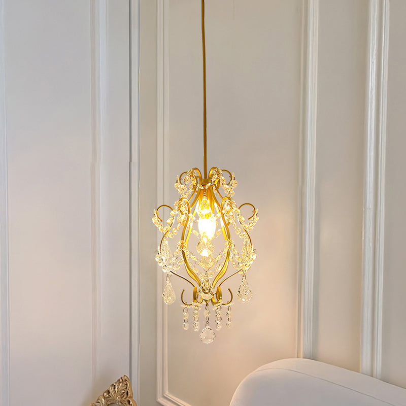 Traditional French Crystal Iron Curved Round 1-Light Pendant Light For Living Room