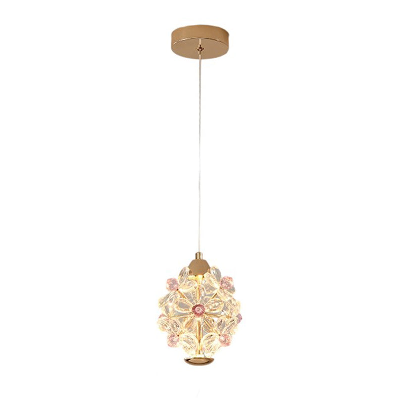 Contemporary Creative Crystal Iron Floral Round LED Pendant Light For Living Room