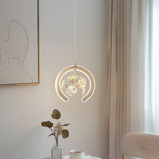 Contemporary Creative Crystal Iron Floral Round LED Pendant Light For Living Room
