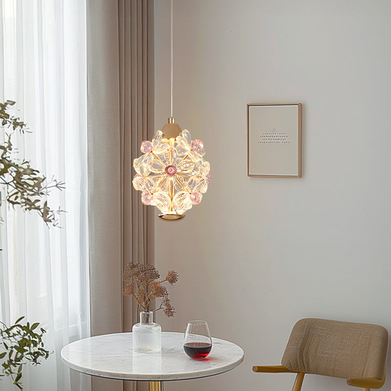 Contemporary Creative Crystal Iron Floral Round LED Pendant Light For Living Room
