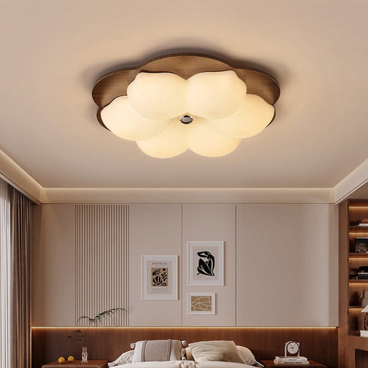 Traditional Chinese Solid Wood PE Iron Cloud Flower LED Flush Mount Ceiling Light For Bedroom