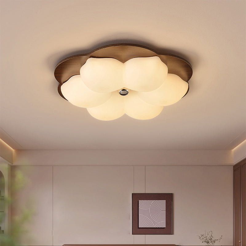 Traditional Chinese Solid Wood PE Iron Cloud Flower LED Flush Mount Ceiling Light For Bedroom