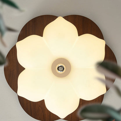 Traditional Chinese Solid Wood PE Iron Cloud Flower LED Flush Mount Ceiling Light For Bedroom