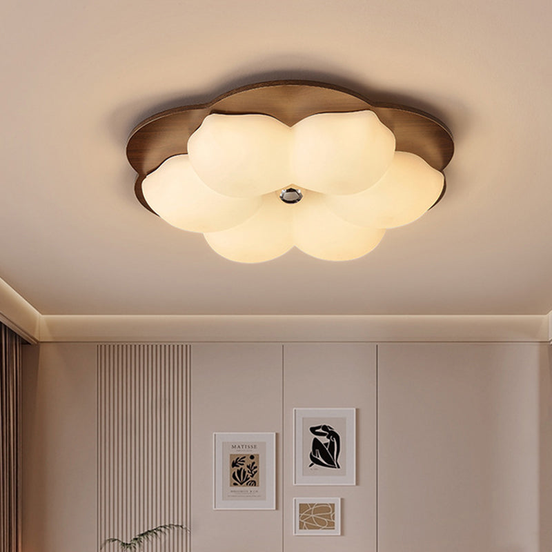 Traditional Chinese Solid Wood PE Iron Cloud Flower LED Flush Mount Ceiling Light For Bedroom
