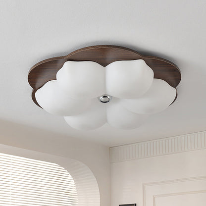 Traditional Chinese Solid Wood PE Iron Cloud Flower LED Flush Mount Ceiling Light For Bedroom