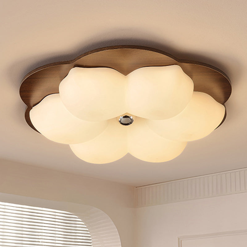 Traditional Chinese Solid Wood PE Iron Cloud Flower LED Flush Mount Ceiling Light For Bedroom