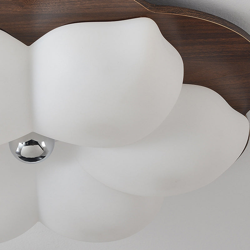 Traditional Chinese Solid Wood PE Iron Cloud Flower LED Flush Mount Ceiling Light For Bedroom
