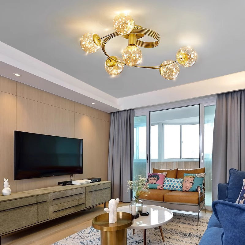 Contemporary Scandinavian Glass Iron Curved Globe 4/6-Lights Semi-Flush Mount Ceiling Light For Bedroom & Living Room