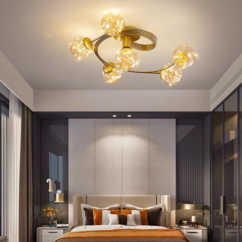 Contemporary Scandinavian Glass Iron Curved Globe 4/6-Lights Semi-Flush Mount Ceiling Light For Bedroom & Living Room