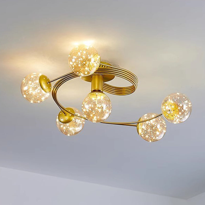 Contemporary Scandinavian Glass Iron Curved Globe 4/6-Lights Semi-Flush Mount Ceiling Light For Bedroom & Living Room