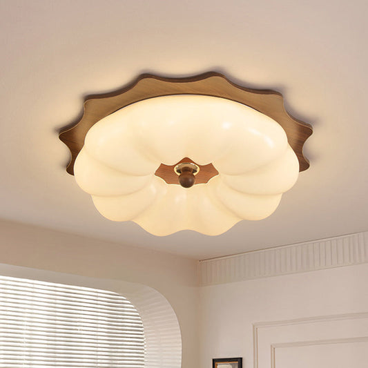 Traditional Chinese Acrylic Solid Wood Iron Pumpkin Flower LED Flush Mount Ceiling Light For Bedroom