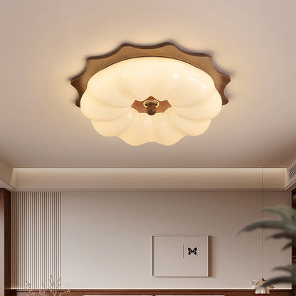 Traditional Chinese Acrylic Solid Wood Iron Pumpkin Flower LED Flush Mount Ceiling Light For Bedroom
