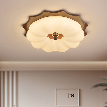 Traditional Chinese Acrylic Solid Wood Iron Pumpkin Flower LED Flush Mount Ceiling Light For Bedroom