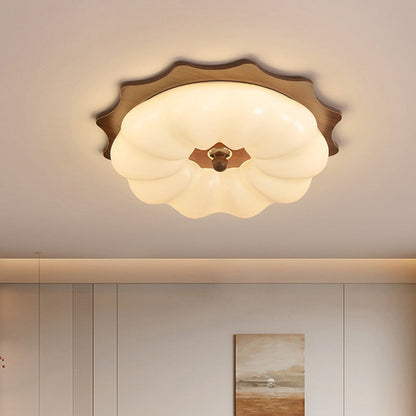 Traditional Chinese Acrylic Solid Wood Iron Pumpkin Flower LED Flush Mount Ceiling Light For Bedroom