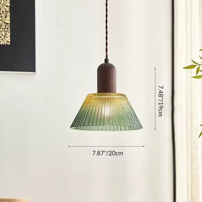 Traditional Japanese Glass Wood Cylindrical Conical 1-Light Pendant Light For Living Room