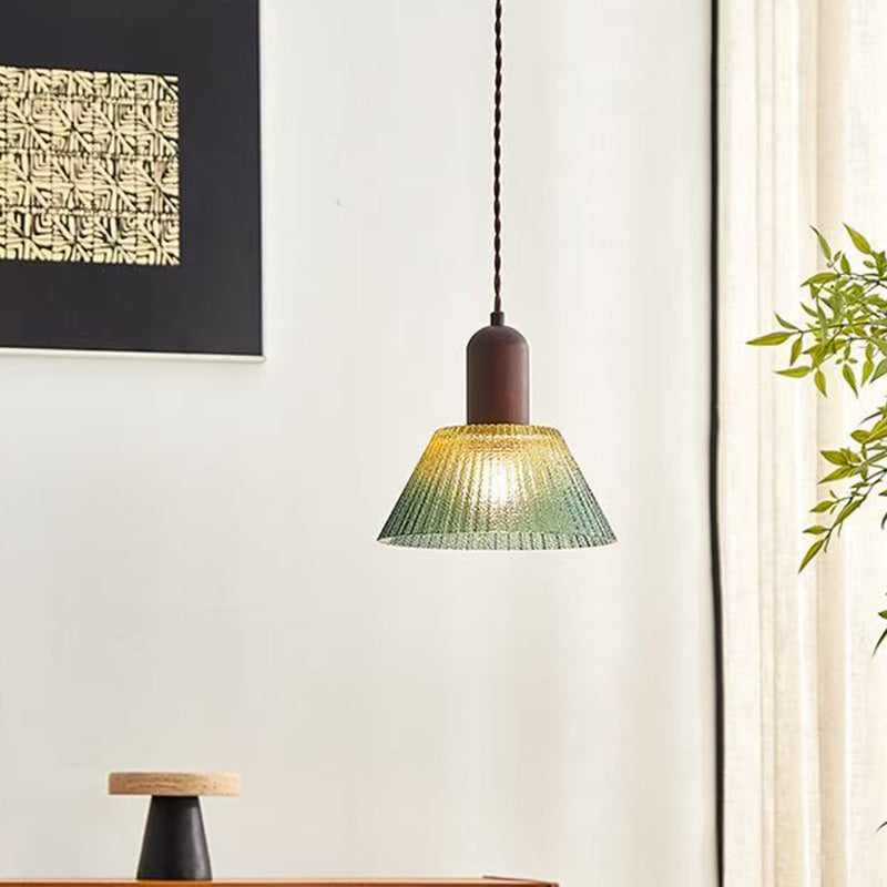 Traditional Japanese Glass Wood Cylindrical Conical 1-Light Pendant Light For Living Room
