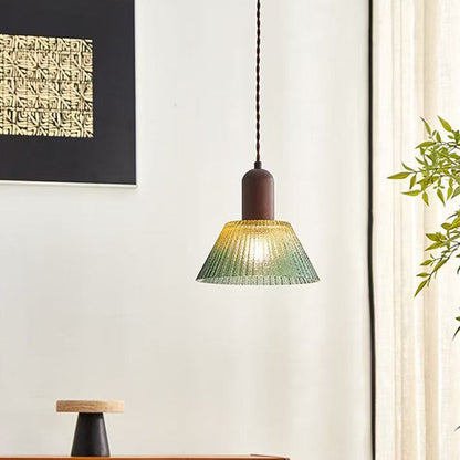 Traditional Japanese Glass Wood Cylindrical Conical 1-Light Pendant Light For Living Room