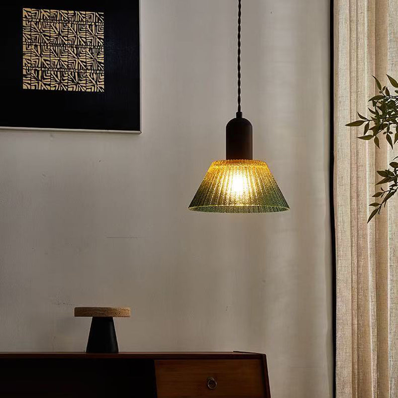 Traditional Japanese Glass Wood Cylindrical Conical 1-Light Pendant Light For Living Room